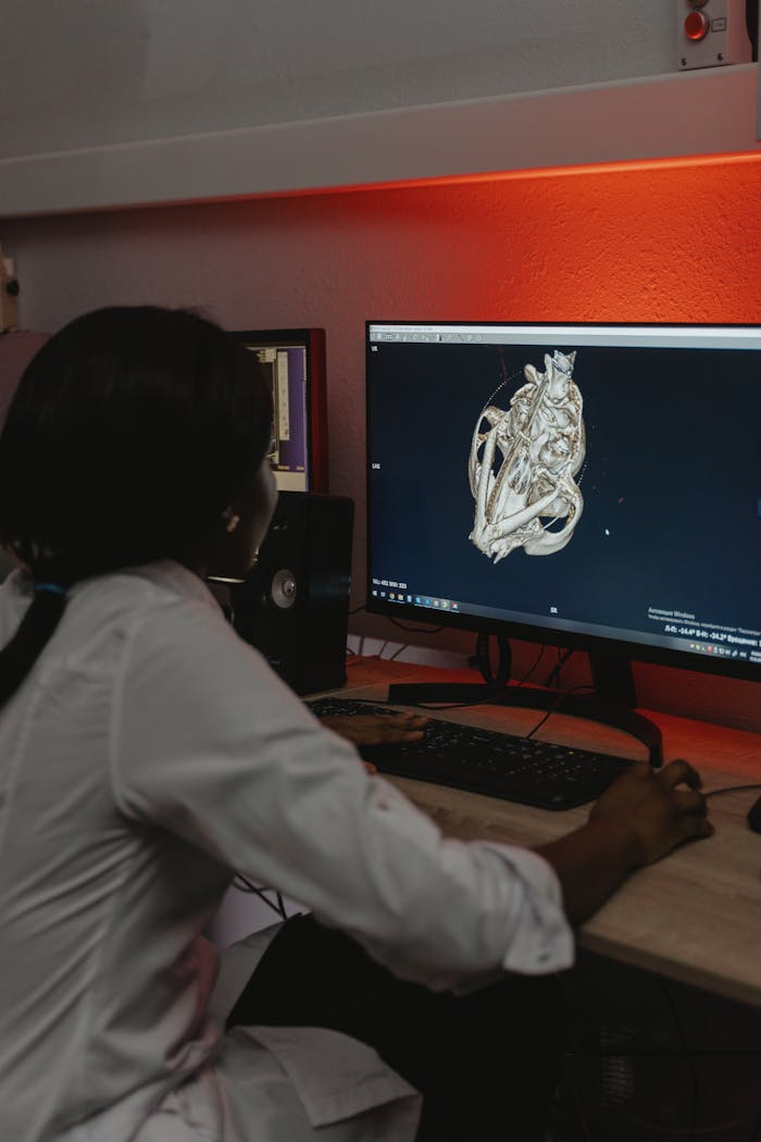 A medical professional examines a 3D scan on a computer monitor in a clinical setting.